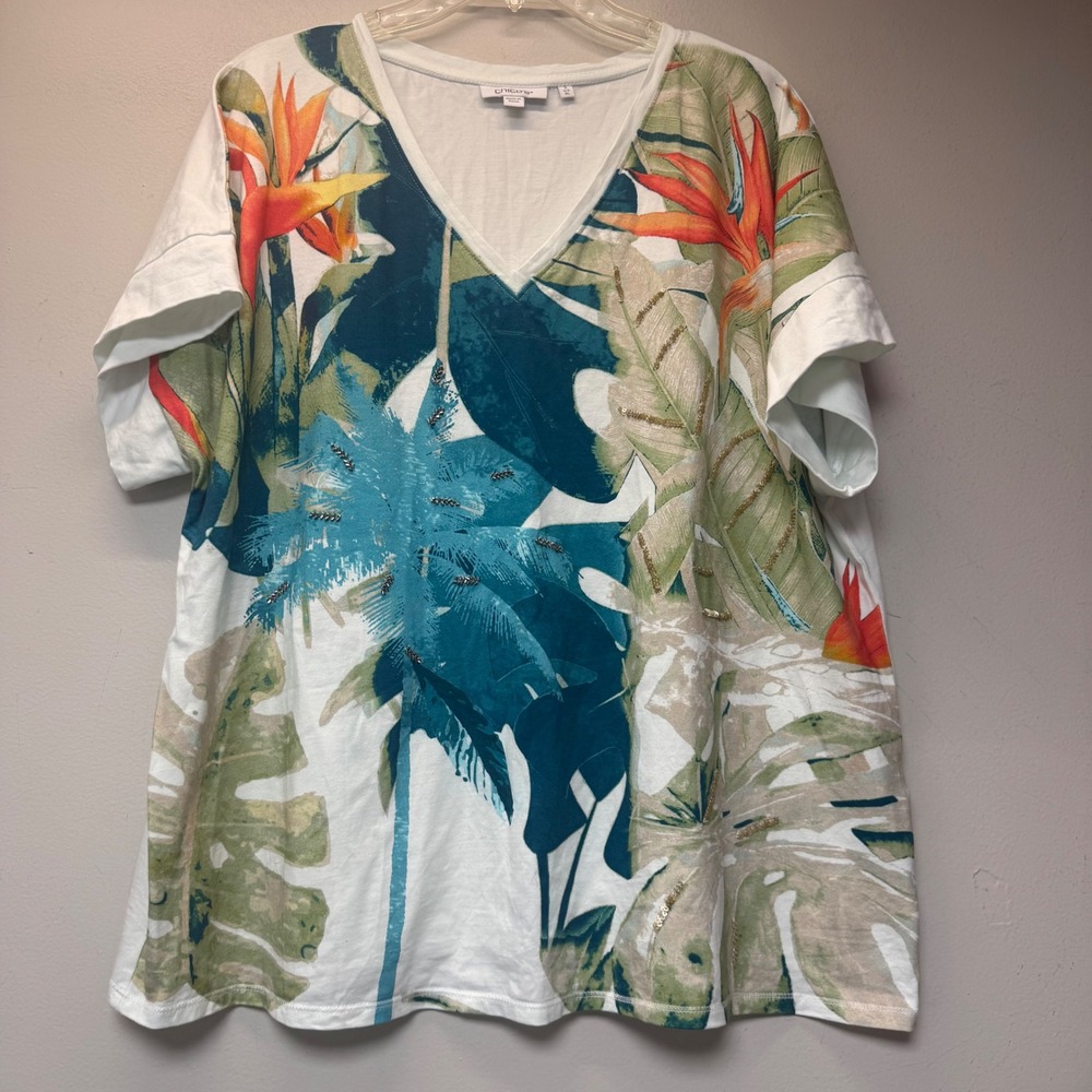 Chico's T-Shirt Women 3 XL White Tropical Floral Excellent Beaded V-Neck Top